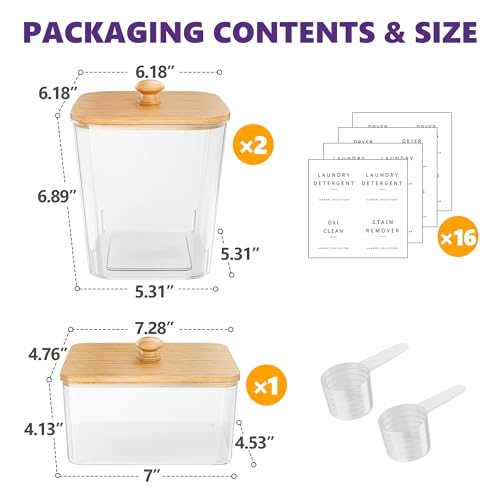 Moforoco 2+1 Pack Bamboo Laundry Pods Container, Clear Laundry Room Organization Containers,Large Laundry Detergent Powder Storage Containers Lids & Labels, for Scent Booster - color: Bamboo, size: 2+1 pack