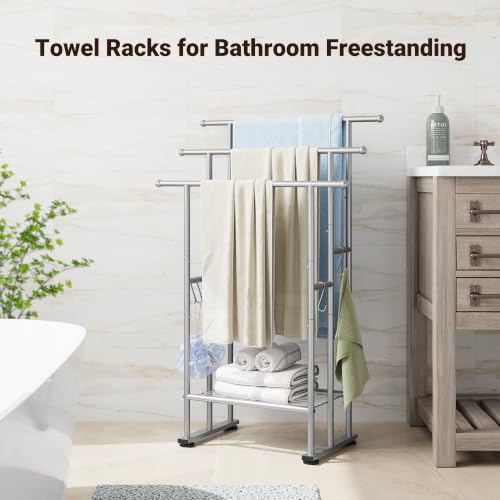 ELYKEN 3 Tier Freestanding Towel Rack with Shelf, 40" H Towel Stand, Silver - color: Silver