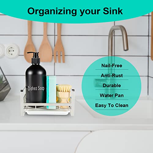TEZZ Sponge Holder for Kitchen Sink, Stainless Steel Kitchen Storage Sink Caddy for Organizing Sponge, Brush & Dish Soap Dispenser, Sink Organizer Rack with Adhesive or Counter top, Silver - color: Silver, size: Sponge Holder