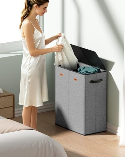 150L Dual-Compartment Laundry Hamper with Lid & Removable Inner Bag – Large 2-Section Clothes Hamper for Home, Dorm & Laundry Room - color: Grey, size: 150L-2 Section