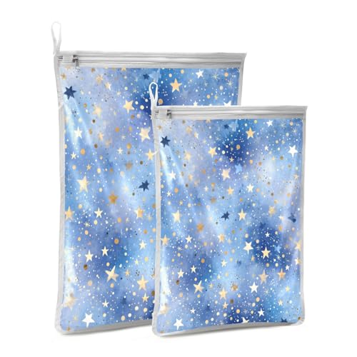 Mesh Laundry Bags Lingerie Bags for Washing Delicates 2 PCS Durable Wash Bag with Zipper Small and Medium Washable Blue Romantic Golden Stars - color: Blue Romantic Golden Stars