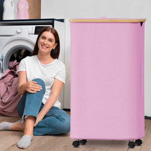 SUOCO Laundry Hamper on Wheels 100L, Clothes Basket with Lid and Bamboo Handles, Foldable Laundry Hamper for Bedroom, Bathroom, Dorm, Laundry Room - Pink - color: Pink, size: 100L with wheels