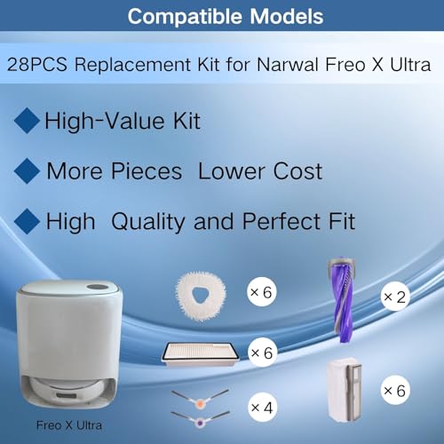 Replacement Accessories Parts Kit Compatible with Narwal Freo X Ultra - Includes 6 Dust Bags, 6 Mop Pads, 6 Filters, 8 Side Brushes, 2 Rubber Main Brushes (Freo X Ultra) - color: Freo X Ultra