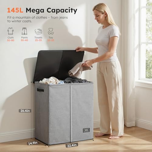 SOLEDI Double Laundry Basket with Lid and Removable bag, Large Laundry Hamper 2 Section with handles, Collapsible Dirty Clothes Hampers for Laundry, Bedroom, Dorm, College - color: Grey, size: 145l