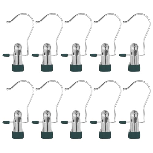 10-Pack Anti-Slip Hook Clips for Skirts Shorts Towels Boots Bulk Clips for Wardrobe Travel Pants Socks Handbag Clothes Hanger Clips for Closet Organizer Socks Towels Clips Heavy Duty Clothes Pins - color: Dark Green