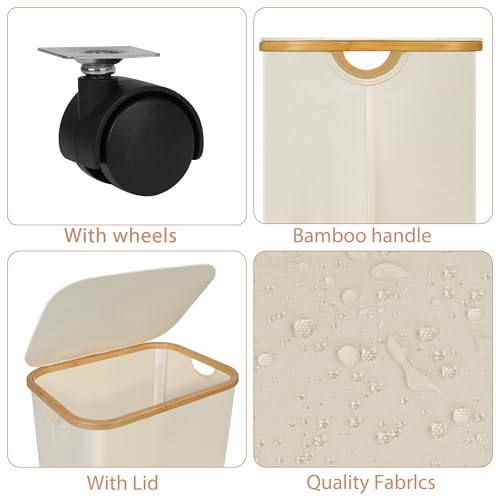 Laundry Basket with Wheels,100L Hampers for Laundry,Large Laundry Hamper with Lid and Bamboo Handles,Collapsible & Waterproof Tall Cloth Hamper for Dormitory Family,Beige - color: Beige, size: 100L with Wheels
