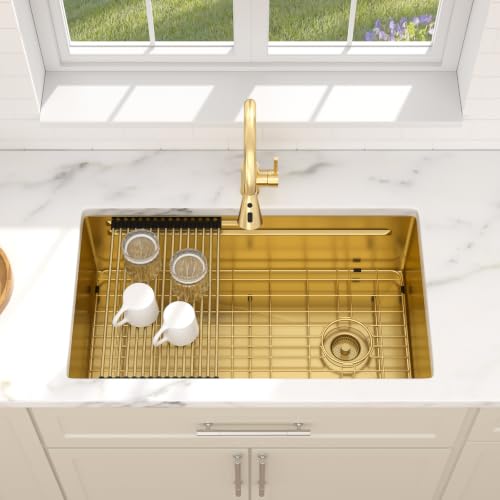 Dcolora 30"x19" Gold Undermount Stainless Steel Kitchen Sink Workstation - color: Gold, size: 30"x19"