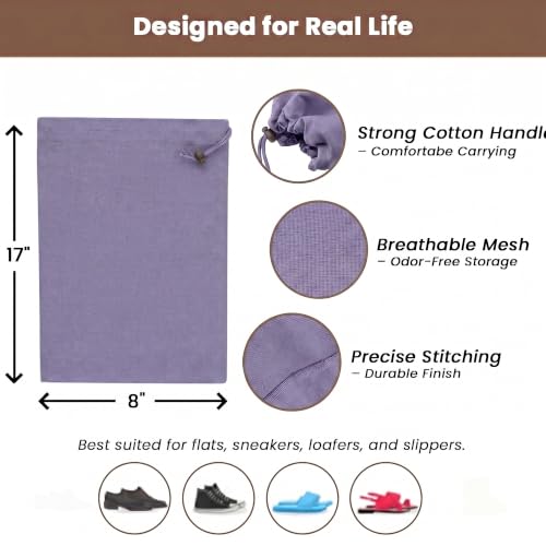 LFH Cotton Rich Shoe Storage Bags with Drawstring, Dustproof Breathable Reusable Organizer, Perfect For Travel, Dorm, Hotel, College, Gym, Easy to Carry, Machine Washable 8"x17" (Pack of 2) - Lavender - color: Lavender, size: 8"x17" (Pack of 2)