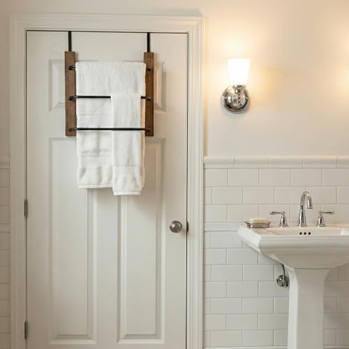 MyGift Over The Door Towel Rack for Bathroom, Rustic Solid Burnt Wood Towel Storage Organizer, 3 Tier Matte Black Metal Towel Bar, Space Saving Bathroom Door Hanging Towel Holder - color: Burnt Wood