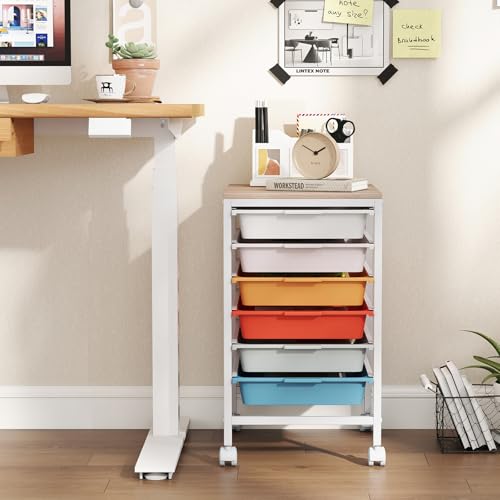 Giantex Rolling Storage Cart with 6 Drawers, Utility Cart w/Wooden Tabletop, Lockable Wheels, Multipurpose Organizer for Art Craft Scrapbooks Paper, Drawer Carts for Dorm Classroom Office, Macaron - color: Macaron, size: 6 Drawer-13"x14.5"x22.5"