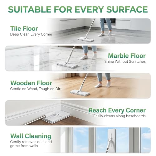 Snap Grip Mini Mop, Hands Free Flat Mop with 1-Click Automatic Cloth Replacement, 10 Reusable Microfiber Cloths, 360° Swivel Head for Floor, Wall, Window, Tile & Corner Dust Cleaning