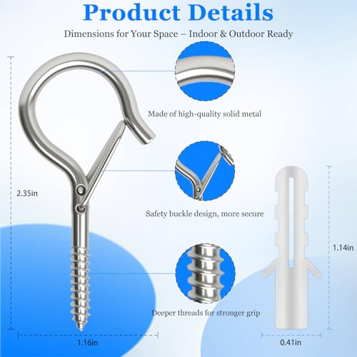36 Pack Silver Screw Hooks with Safety Buckle - 2.3 Inch Rustproof Eye Ceiling Hooks for Hanging Plants,Outdoor String Lights,Baskets,Christmas Lights & Decor,40lb Capacity (36, Silver) - color: Silver