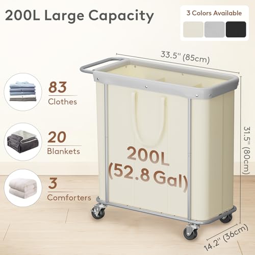 Lifewit 200L Rolling Laundry Basket with Steel Frame, Removable Bag, White - color: White, size: 200L