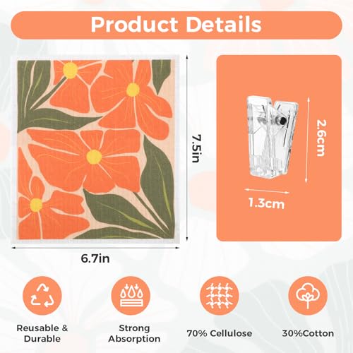 6 Pack Swedish Dishcloths for Kitchen,Abstract Floral Dish Towel with Clip - color: Pink Abstract Floral