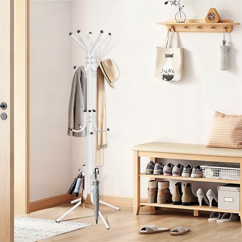 Metal Coat Rack, Freestanding Coat Tree & Hall Tree with 15 Hooks, Sturdy Coat Rack Stand and Hat Rack, Coat Hanger for Entryway, Bedroom, Office for Jackets, Hats, Bags,White - color: WHITE