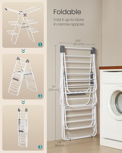SONGMICS Clothes Drying Rack, Foldable 3-Level Laundry Rack, Free-Standing Large Drying Rack, with Height-Adjustable Wings, 39 Drying Rails, Sock Clips, White and Gray ULLR054W01 - color: White, size: 3 Tiers(21.9"D x 49.8"W x 63"H)