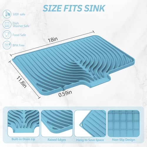 Dish Drying Mat for Kitchen Counter, with Built-in Drain Lip, Food-Grade Silicone, Easy Clean Pad for Countertop Protection, Multi-Functional Use (18x11.8, Light Blue) - color: Blue, style: 18x11.8