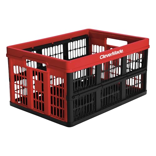 CleverMade Collapsible Utility Crates - Red 1pck 45L / 11 Gal holds 66 lbs - Stackable Containers Heavy Duty Capacity Crates Space-Saving Baskets - color: Red, size: 45L - 1 Pack