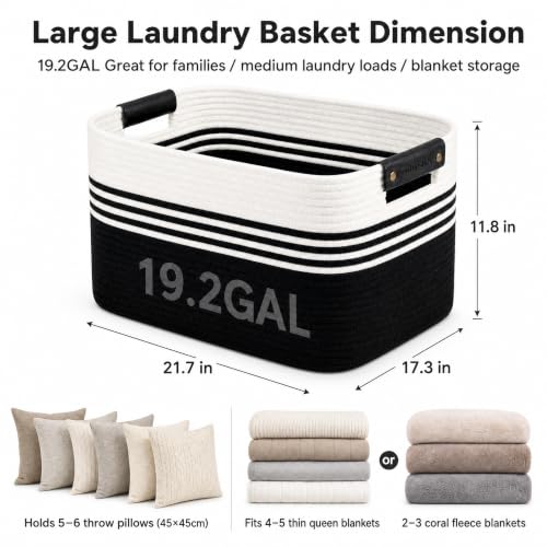 Cotton Rope Laundry Basket Large, 19.2GAL Collapsible Woven Storage Baskets for Living Room Kids Toys Stuffed Animal,Boho Rectangular Decorative Short Hamper for Dirty Clothes, Blankets White Black - color: WhiteBlack, size: 19.2GAL
