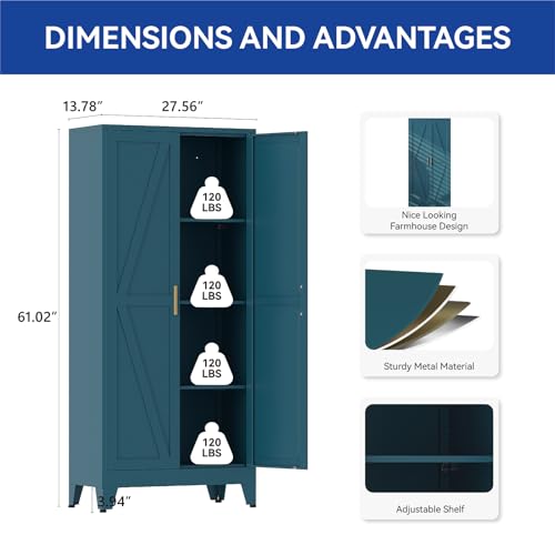 COFaR Metal Pantry Cabinet with Doors, Farmhouse 61'' Tall Storage Cabinet with 3 Adjustable Shelves, Kitchen Pantry Cabinet for Dinning Room, Laundry, Peacock Blue 4-Tier - color: Peacock Blue, size: 13.78''D ×27.56''W × 61.02''H-L06