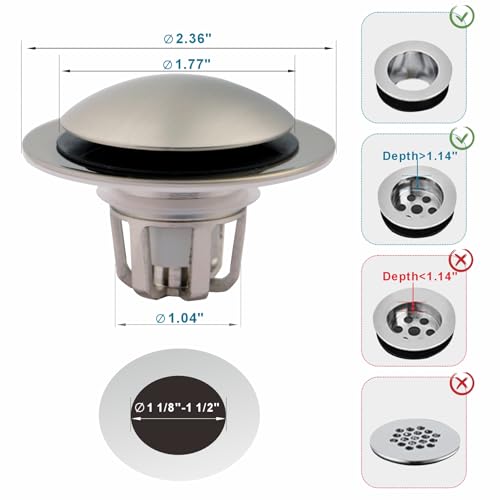 WELSAN Brushed Nickel Sink Stopper Bathroom Drain 1 1/8"-1 1/2", 2 Pack - color: Brushed Nickel-2