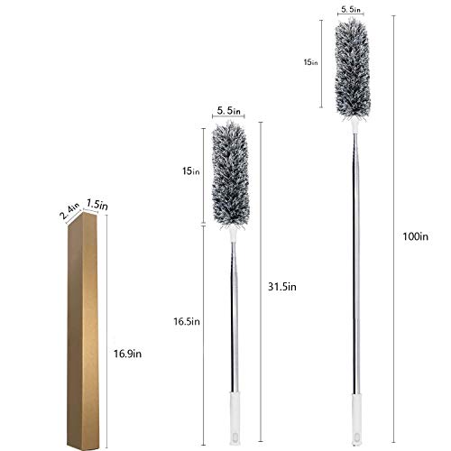Lomida Microfiber Duster with Extension Pole(Stainless Steel), Extra Long 100 inches, with Bendable Head, Extendable Duster for Cleaning High Ceiling Fan, Interior Roof, Cobweb, Gap Dust Wet or Dry