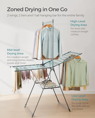 SONGMICS HOME Clothes Drying Rack, Foldable 2-Level Free-Standing Airer - color: Gray, size: 26 x 62.6 x 78 Inches