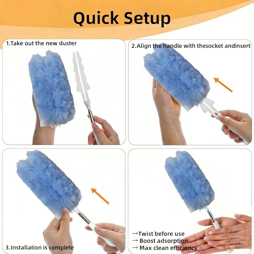 Heavy Duty Duster Refills, Disposable Dusters Kit for Cleaning Dusting Furniture Blind Ceiling Fan, Multi Surface 360 Feather Duster(10)+3FT Extended Handle(1) (Navy Blue) - color: Navy Blue