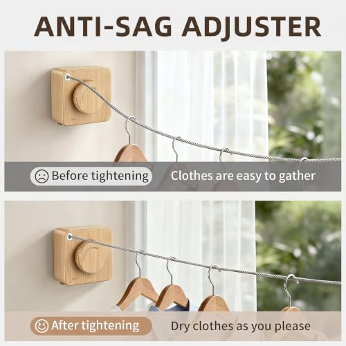 Anti-Sag Retractable Clothesline 40LB Capacity - 201in Stainless Steel Laundry Line for Indoor Outdoor, Wall Mounted Space Saving Easy Install (Light Wood Grain, Single line) - color: Light Wood Grain, size: Single line