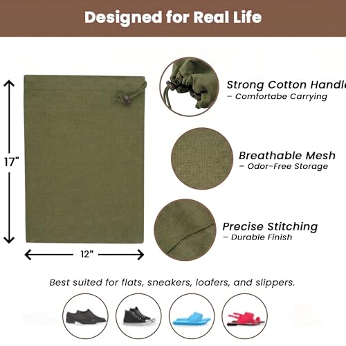 LFH Cotton Rich Shoe Storage Bags with Drawstring, Breathable Dustproof Reusable Shoe Organizer for Travel, Gym, Dorm, Hotel, Machine Washable Easy Carry 12"x17" (Pack of 4), Military Green - color: Military Green, size: 12"x17" (Pack of 4)