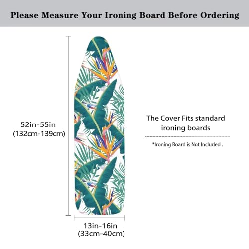 Birds of Paradise Ironing Board Cover 15x 54, Tropical Green Palm Leaf Home Elastic Edges Non-Slip Thick Iron Board Cover, Orange Pink Leaves 3 Hook Loop Fastener Strap - color: Birds of Paradise