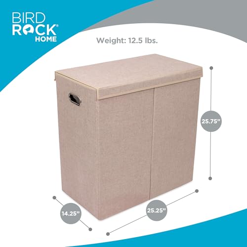 BirdRock Home Double Laundry Hamper with Lid and Removable Liners | Linen | Easily Transport Laundry | Foldable Hamper | Cut Out Handles