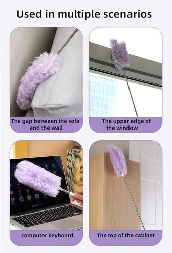 Heavy Duty Duster Refills, Disposable Dusters Kit for Cleaning Dusting Furniture Blind Ceiling Fan, Multi Surface 360 Feather Duster(10)+3FT Extended Handle(1) (pueple) - color: Pueple