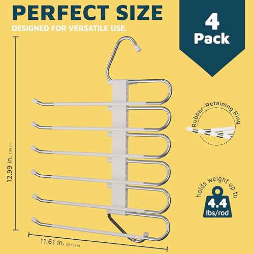Lifemaster Space Saving Pants Hangers 4 Pack, 6 Layer Jeans Hangers & Closet Organizer for Jeans, Scarves, & Skirts, Multi-Layer Hanger with Anti-Slip Stopper, Heavy-Duty S-Type Stainless Steel, White - color: White, size: 4 Pack