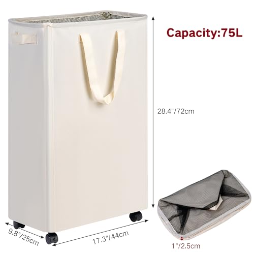 Slim Laundry Hamper with Wheels, Rolling Laundry Basket for Clothes, Small Laundry Basket for Bedroom, Dorm and Laundry Room, 75L (19.8 Gallons) Beige - color: Beige, size: 75L