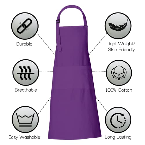 RAJRANG 100% Cotton Cooking Apron with 3 Pockets Kitchen Chef BBQ Adjustable Bib Aprons for Women Men - color: Sparkling Grape Violet