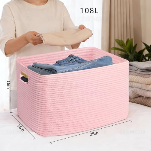 25"x16"x16" Rectangle Pink Woven Blanket Basket,Large Basket - color: Pink, size: 108L