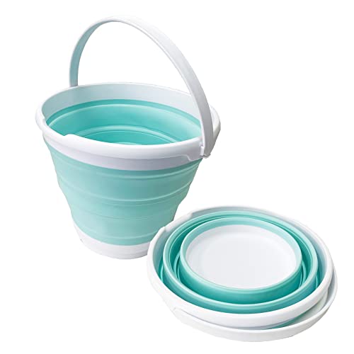 SAMMART 10L (2.6 Gallon) Collapsible Plastic Bucket - Foldable Round Tub - Portable Fishing Water Pail - Space Saving Outdoor Waterpot, Size 33cm Dia (White/Lake Green (Set of 2)) - color: White/Lake Green (Set of 2)