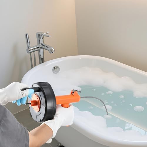 Drain Snake, Auto Feed Plumbing Snake with Drill Adaptor, 25 Feet Drain Auger Tool Set Included Drain Clog Remover, Hair Clog Remover & Cleaning Brush for Kitchen, Bathroom and Shower Sink with Gloves