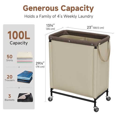 StorageWorks 2 Section Laundry Hamper, 100L Tan Sorter Cart with Wheels - color: Light Khaki, size: 100L(2-Section)