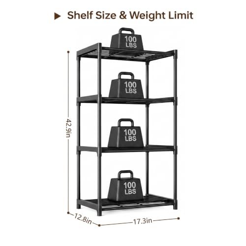 4-Tier Small Lightweight Storage Shelves with Plastic Connectors – Metal Shelf Organizer for Pantry, Closet & Bathroom, Space-Saving Sturdy Shelving Unit Rack, Black, 17.3" x 12.8" x 42.9" - color: Black, size: 17.3" x 12.8" x 42.9"(4T)