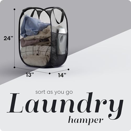 Handy Laundry Collapsible Mesh Pop-Up Hamper with Side Pocket - color: Black, 1-PACK