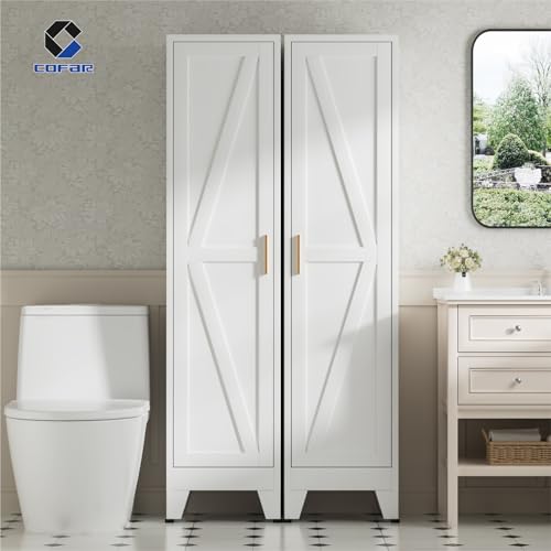 COFaR 67'' Tall Narrow Bathroom Storage Cabinet, Metal Farmhouse Skinny Pantry Cabinet with 4 Adjustable Shelves and One Door, Slim Cabinet Storage for Kitchen Laundry Garage, 5-Tier White - color: White, size: 67'' 1 Door 0 Drawer-Barn Door