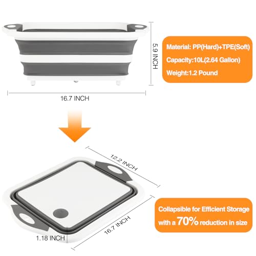 Collapsible BBQ Prep Tub/Cutting Board 10L, Foldable Dish Tub with Colander, Portable Camping Sink, Multifunction Dishing Basin Bucket Wash Tub for Kitchen Fruit Vegetable Picnic (Gray) - color: Gray