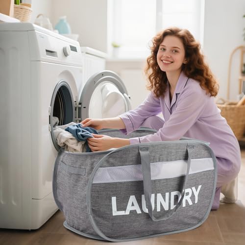 Collapsible Laundry Baskets with Lid, Foldable Clothes Hamper with Reinforced Handles, Sturdy Pop Up Hampers for Laundry, Tear Proof & Easy to Carry Laundry Hamper for Home, Dorm, Travel Grey - color: Gray-Lid