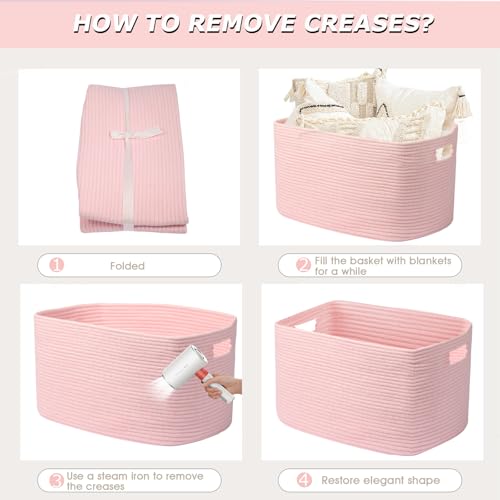25"x16"x16" Rectangle Pink Woven Blanket Basket,Large Basket - color: Pink, size: 108L