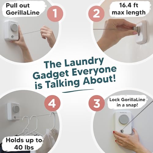 GorillaLine Max - Retractable Clothesline Indoor Outdoor Clothes Line - Heavy Duty Clothes Drying Laundry Line - Wall Mounted Drying Rack - Air Dry Clothing - Max Tighten with GorillaGrip - color: White Max
