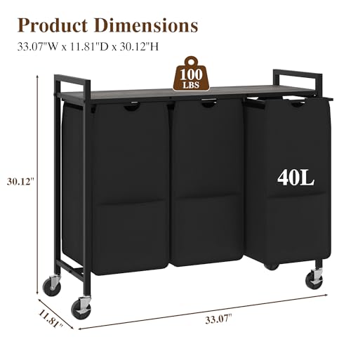 Laundry Sorter with Wheels, 3 Section, Grey Black - size: 3 Bags-120L / Gray + Black / w Wheels
