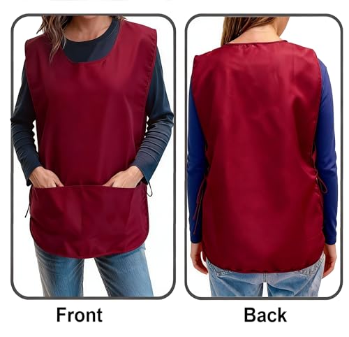 Large Smock Cobbler Apron for Men & Women, Adjustable Side Ties & 2 Pockets - color: Wine Red+green