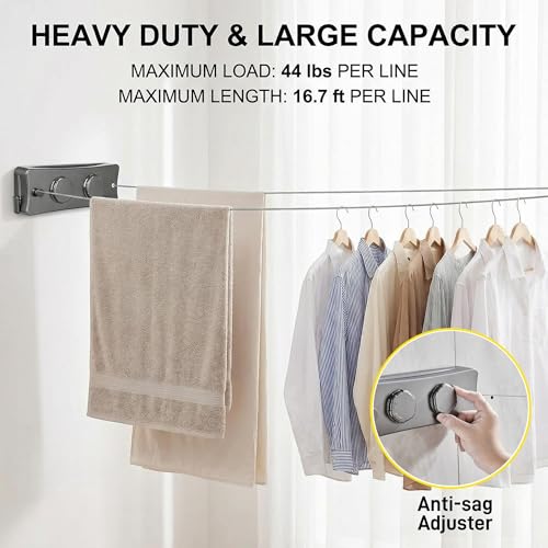 Retractable Clothesline Indoor Outdoor Clothes Line | Heavy Duty 44 lb Clothes Drying Laundry Line | Wall Mounted Double Clothing Line 16.7 ft | Non-Sagging Easy Install for Courtyards - color: Gray, size: Double Line